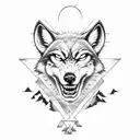 evil wolf with a jesus cross face cut in half and a mountain landscape and a river in the background tattoo design idea