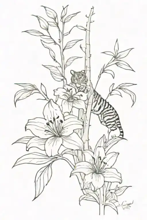 tiger lillies, redwood tree, out of a window Nostalgic vibe tattoo design idea