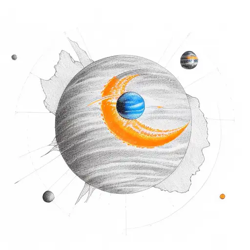 Two planet, one orange one blue and two other planet in the center like a solar system  tattoo design idea