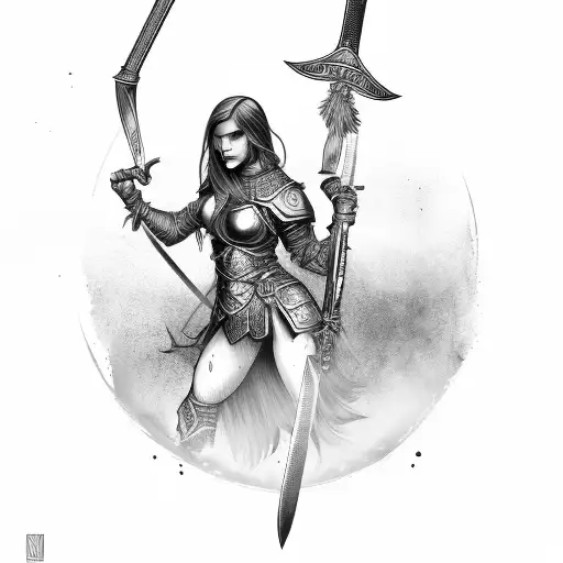 Female warrior with armour and sword tattoo design idea