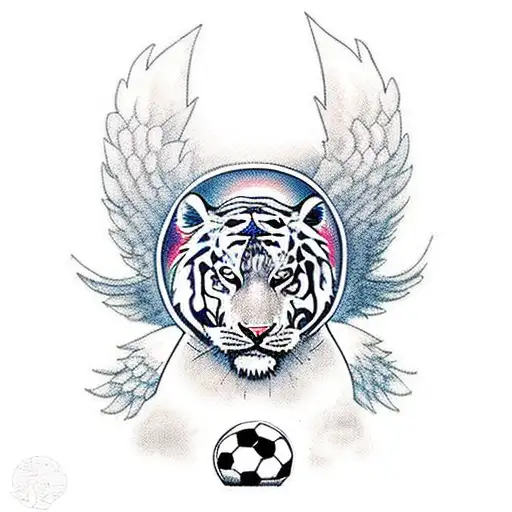 A traditional style tattoo of an angel holding a soccer ball with a tiger standing beside them tattoo design idea