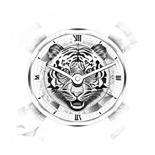 Trash polka art with Tiger, Dragon, Japanese Hibiscus, clock/compass. Filled in with abstract designs. tattoo design idea