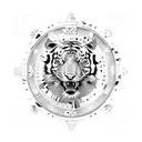 Trash polka art with Tiger, Dragon, Japanese Hibiscus, clock/compass. Filled in with abstract designs. tattoo design idea