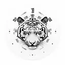 Trash polka art with Tiger, Dragon, Japanese Hibiscus, clock/compass. Filled in with abstract designs. tattoo design idea