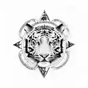 Trash polka art with Tiger, Dragon, Japanese Hibiscus, clock/compass. Filled in with abstract designs. tattoo design idea