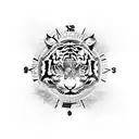 Trash polka art with Tiger, Dragon, Japanese Hibiscus, clock/compass. Filled in with abstract designs. tattoo design idea