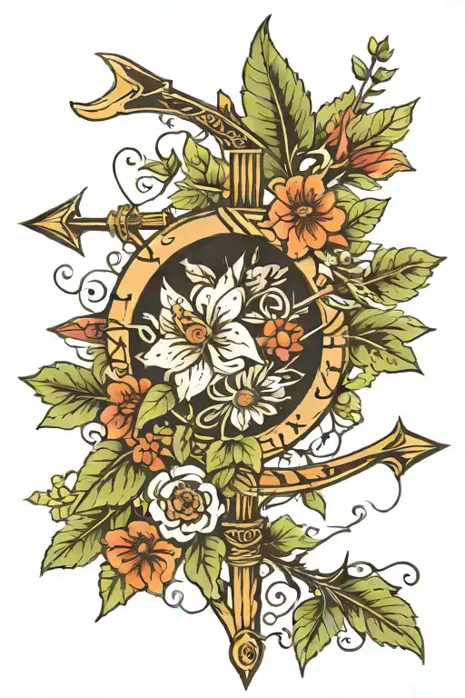 Native American arrow with vines and flowers growing tattoo design idea