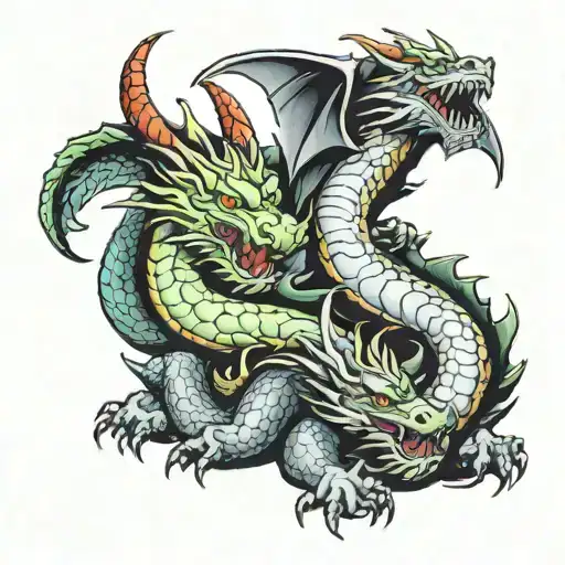 2 dragons, one is lying down, the second is sitting like a dog, the first is upset, the second is smiling tattoo design idea