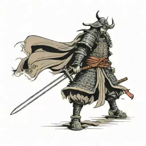 samurai stands with his sword stuck in the ground in full armor tattoo design idea