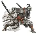 samurai standing with sword stuck in the ground in armor tattoo design idea