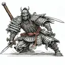 samurai standing with sword stuck in the ground in armor tattoo design idea