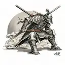 samurai standing with sword stuck in the ground in armor tattoo design idea