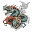 2 dragons, one is lying down, the other is sitting, one is smiling, the other is the opposite in 2D style tattoo design idea