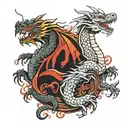 2 dragons, one is lying down, the other is sitting, one is smiling, the other is the opposite in 2D style tattoo design idea