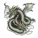 2 dragons, one is lying down, the other is sitting, one is smiling, the other is the opposite in 2D style tattoo design idea