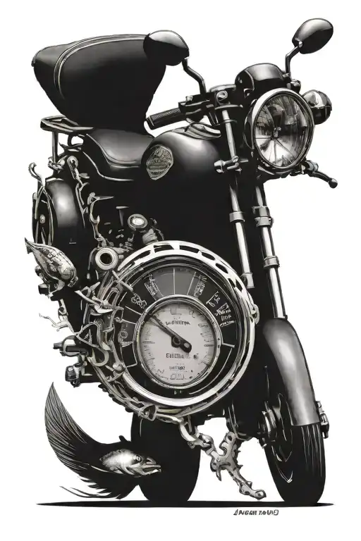 motorcycle meter, fish, astrological sign gemini tattoo design idea