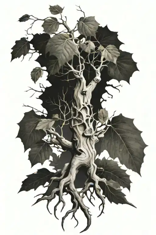 plane tree with roots, branches and falling leaves tattoo design idea
