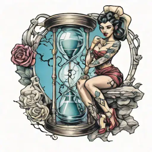 cracked hourglass, pinup girl sitting together tattoo design idea