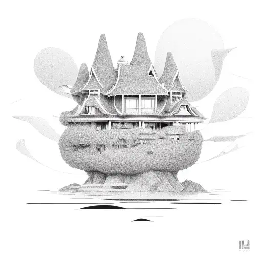 house on a floating island tattoo design idea