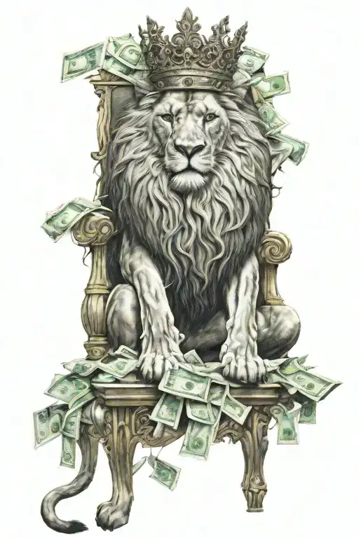 A lion with a crown sitting on a throne made of money, symbolizing power and wealth tattoo design idea