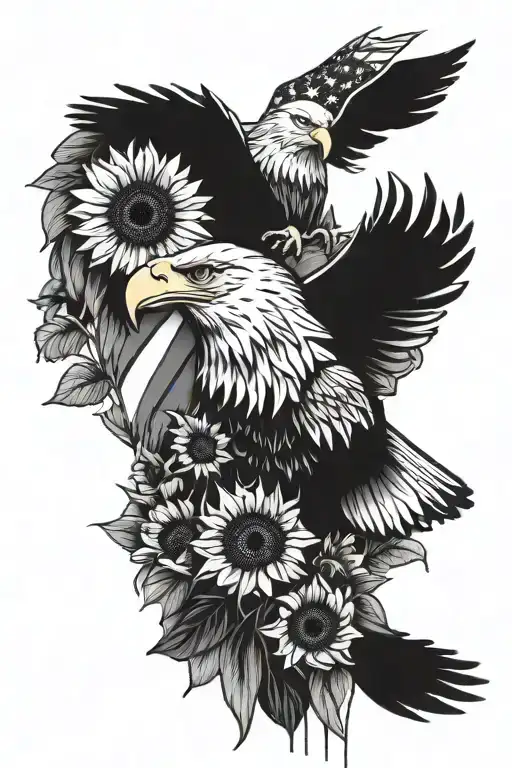 Tatered american flag bald eagle sunflowers intertwined tattoo design idea