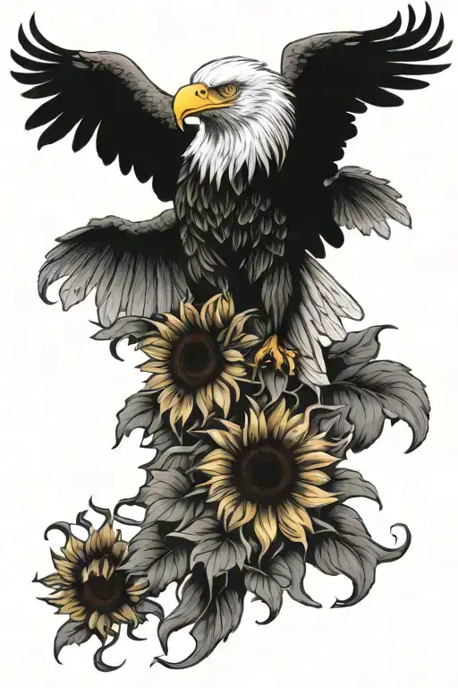 Tattered american flag Bald eagle sunflowers intertwined tattoo design idea