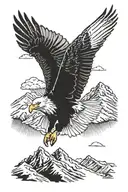 Tattoo of a bald eagle flying over a mountain range with the phrase 'Land of the Free' incorporated tattoo design idea