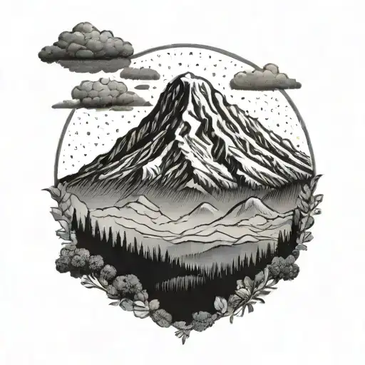 An intricate dotwork design of a mountain landscape with Mount Kilimanjaro towering in the background tattoo design idea