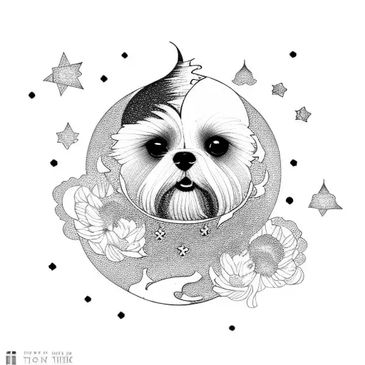 Moon, stars and peony flowers, with shih tzu in the middle tattoo design idea