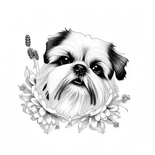shihtzu with peonies, lavender and lily of the valley  tattoo design idea