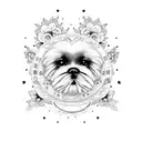 Moon, stars and peony flowers, with shih tzu in the middle tattoo design idea