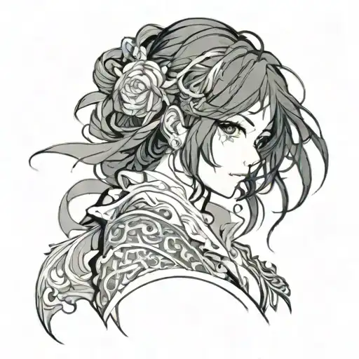 girl with black hair, masterpiece, best quality, ultra-detailed, cinematic beautiful lighting, intricate details, lookin tattoo design idea