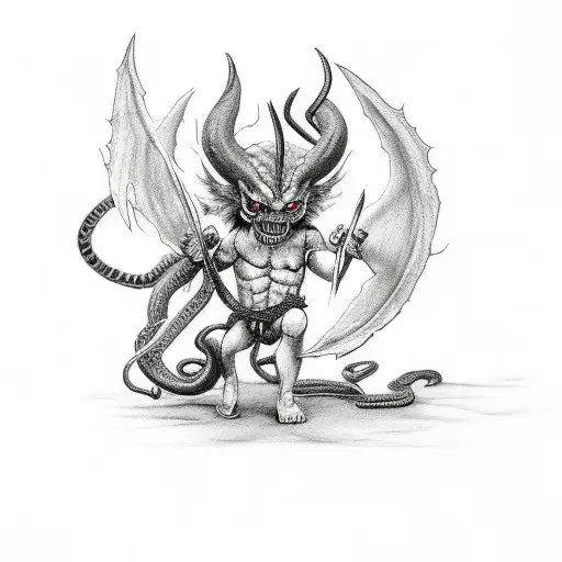 demon cupid with daggers, add a quote with it, roses,snakes tattoo design idea