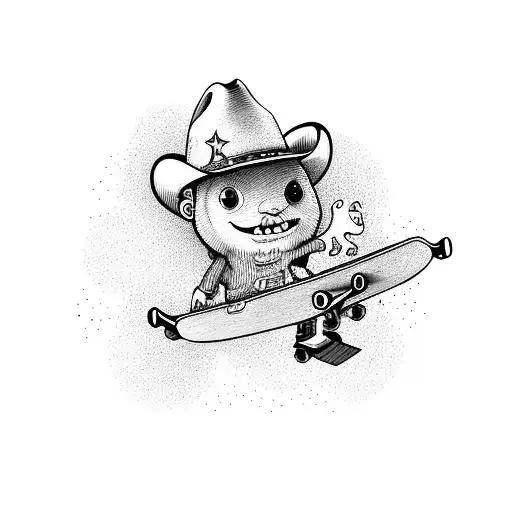 a peanut with a cowboy hat riding a skateboard in the ocean  tattoo design idea