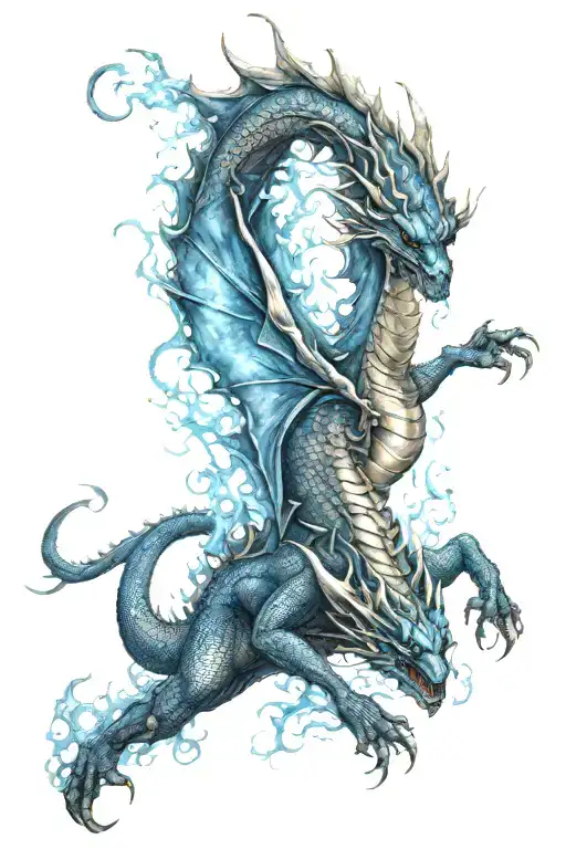 dragon diving towards the ground breathing blue flames  tattoo design idea