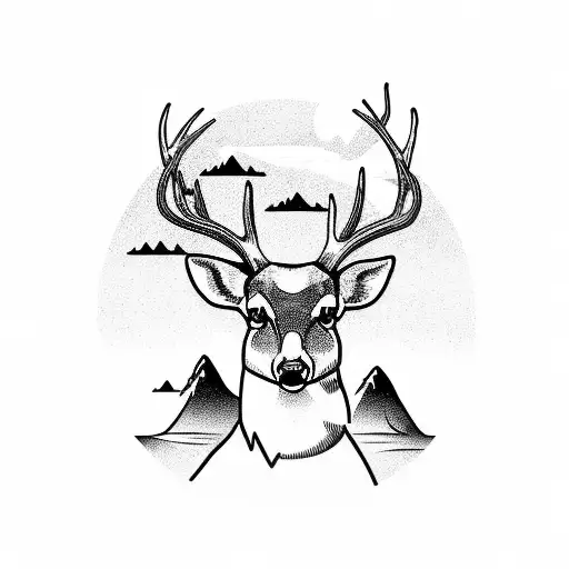 deer head with horns with mountains, caferacer and a camera tattoo design idea