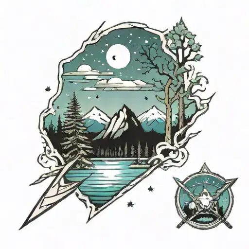 Stars, mountains, trees, frozen lake, hockey tattoo design idea
