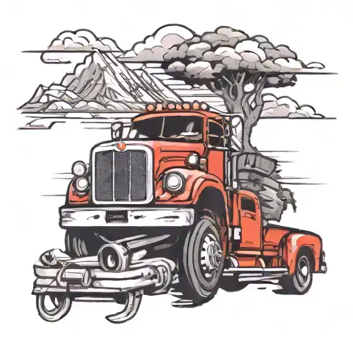 Illustrate a scene of a truck driver cruising down a scenic highway, with the red chevy truck as the focal point of the tattoo tattoo design idea