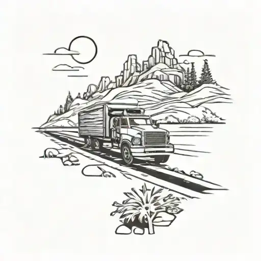 Illustrate a scene of a truck driver cruising down a scenic highway, with the red chevy truck as the focal point of the tattoo tattoo design idea