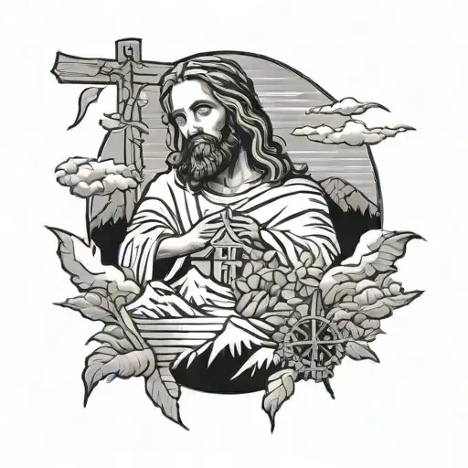 jesus and cross surrounded my mountain tattoo design idea