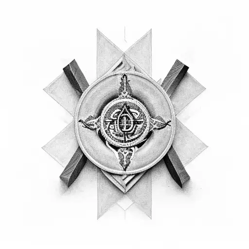 An intricate black and grey design of a carpenter's tools intertwined with religious symbols, representing your passion for carpentry and God tattoo design idea