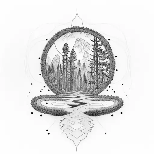 A dotwork tattoo of a hiking trail winding through a forest with a subtle depiction of God's hand guiding the way tattoo design idea