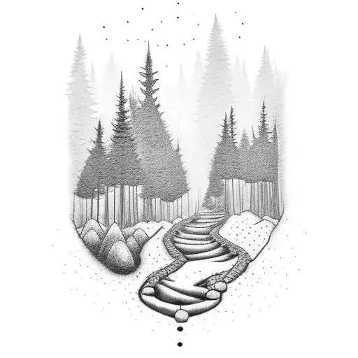 A dotwork tattoo of a hiking trail winding through a forest with a subtle depiction of God's hand guiding the way tattoo design idea
