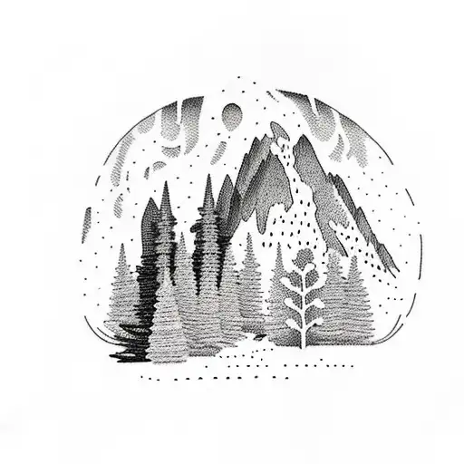 A dotwork tattoo of a hiking trail winding through a forest with a subtle depiction of God's hand guiding the way tattoo design idea