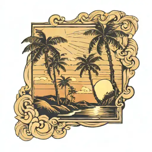 a 4 by 3 square with a road inside that goes into the horizon to the right and to the left of the road, palm trees just above the middle, the sun tattoo design idea