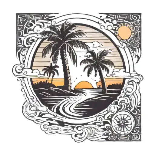 A rectangle inside it is a road that goes into the horizon to the right and to the left of the road are palm trees just above the middle of the sun tattoo design idea