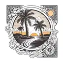 A rectangle inside it is a road that goes into the horizon to the right and to the left of the road are palm trees just above the middle of the sun tattoo design idea
