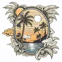 A rectangle inside it is a road that goes into the horizon to the right and to the left of the road are palm trees just above the middle of the sun tattoo design idea