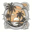 A rectangle inside it is a road that goes into the horizon to the right and to the left of the road are palm trees just above the middle of the sun tattoo design idea