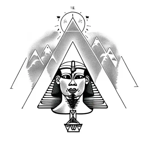 the great sphinx full body with the pyramids of giza in background and palm tree on the side tattoo design idea